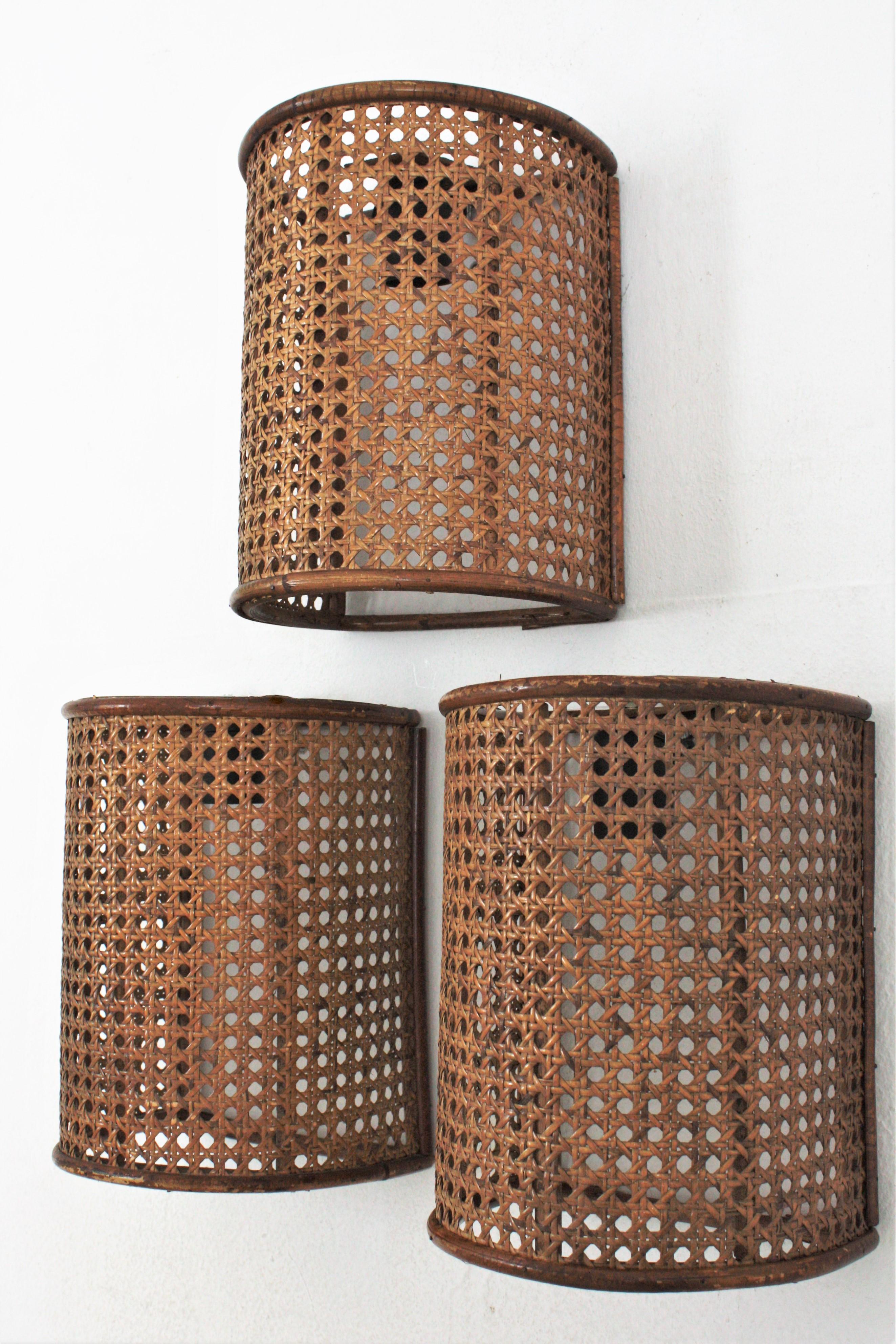 Midcentury Woven Wicker Weave and Rattan Wall Sconces, Set of Three 4