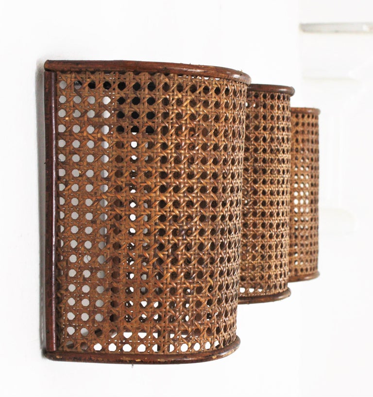 Midcentury Woven Wicker Weave and Rattan Wall Sconces, Set of Three at 1stDibs