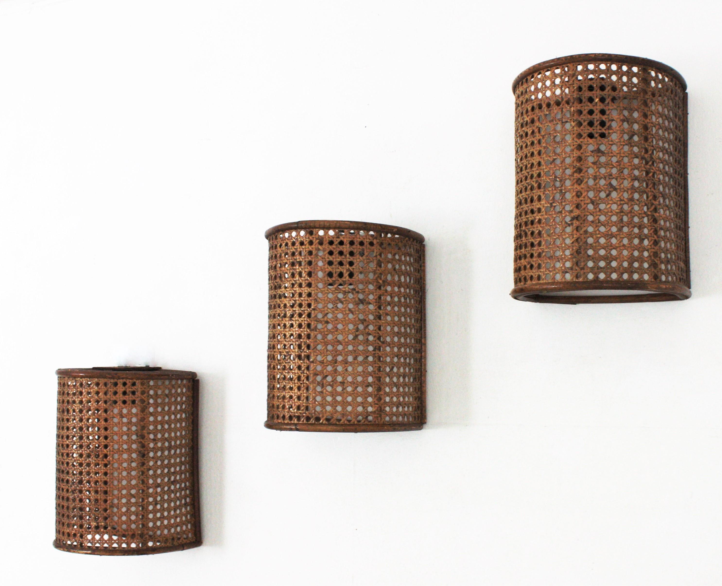 Mid-Century Modern Midcentury Woven Wicker Weave and Rattan Wall Sconces, Set of Three