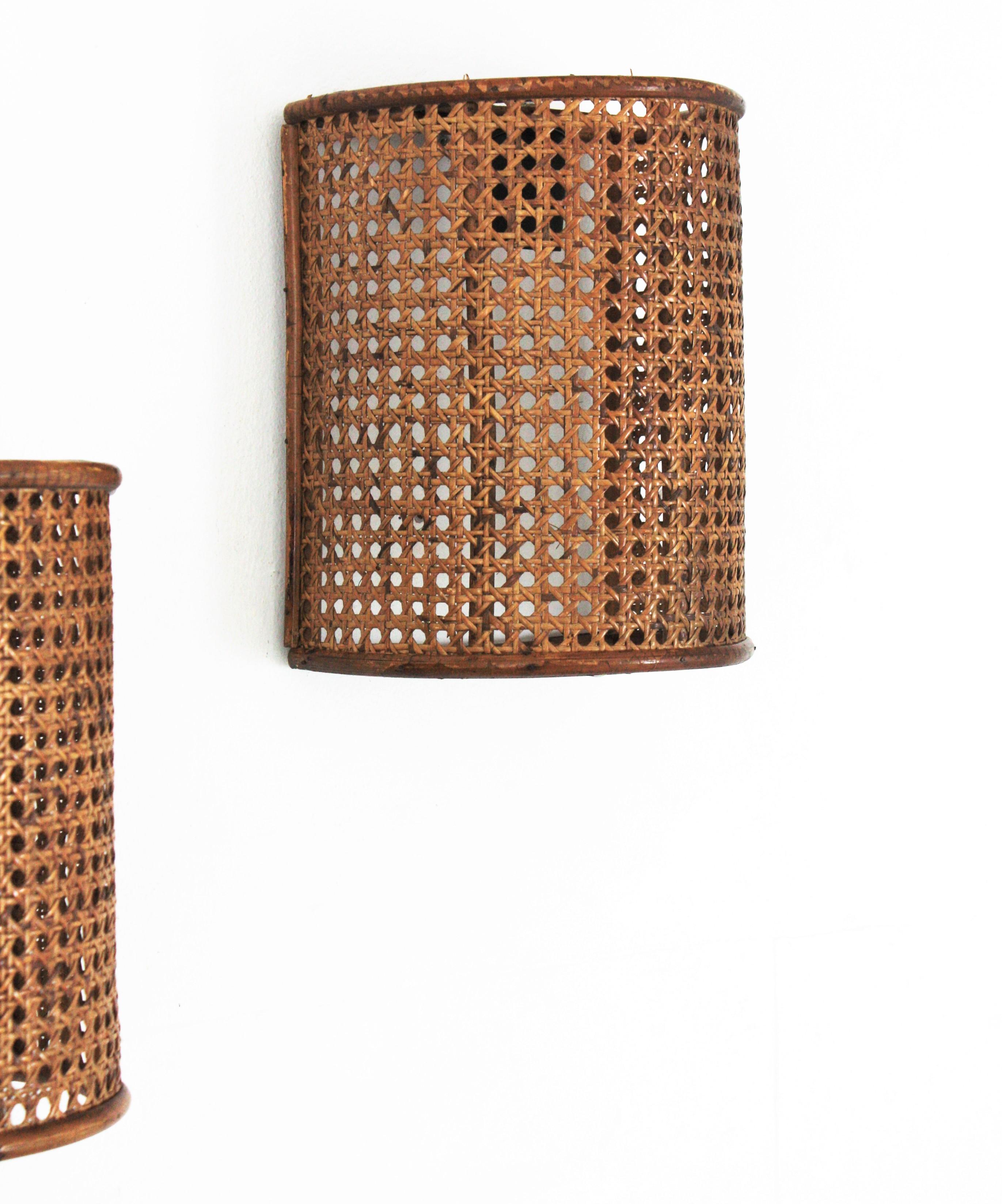 Italian Midcentury Woven Wicker Weave and Rattan Wall Sconces, Set of Three