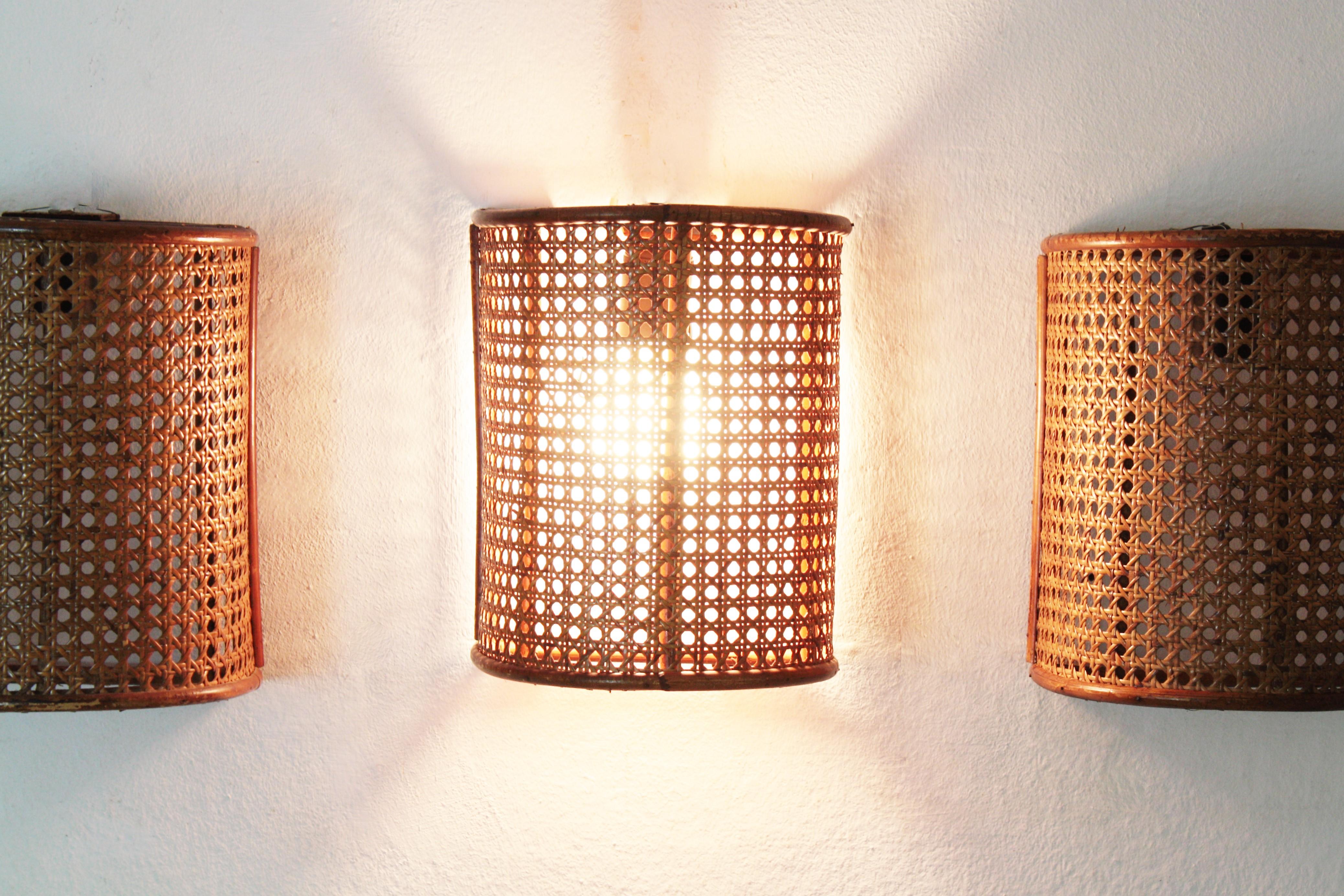 Midcentury Woven Wicker Weave and Rattan Wall Sconces, Set of Three In Good Condition In Barcelona, ES