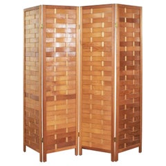 Midcentury Woven Wood Folding Screen 4-Panel Room Divider in Pine