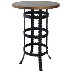 Midcentury Wrought Iron and Wood Round Coffee or Side High Table, 1950s