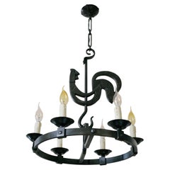 Vintage Midcentury Wrought-Iron Chandelier by Jean Touret, Gothic Style