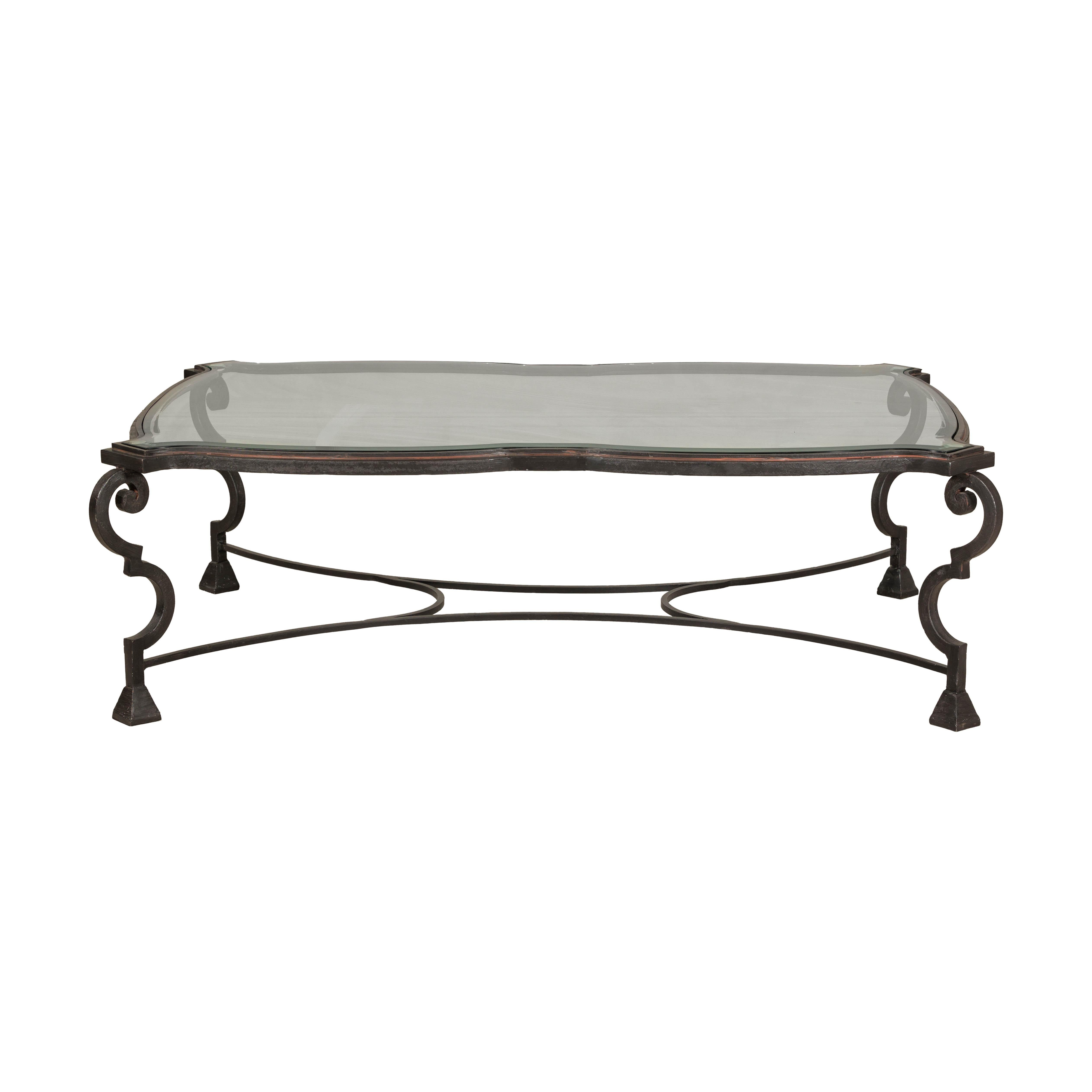 Table basse en fer forgé du milieu du siècle avec plateau en verre biseauté, années 1940-1960 en vente 11