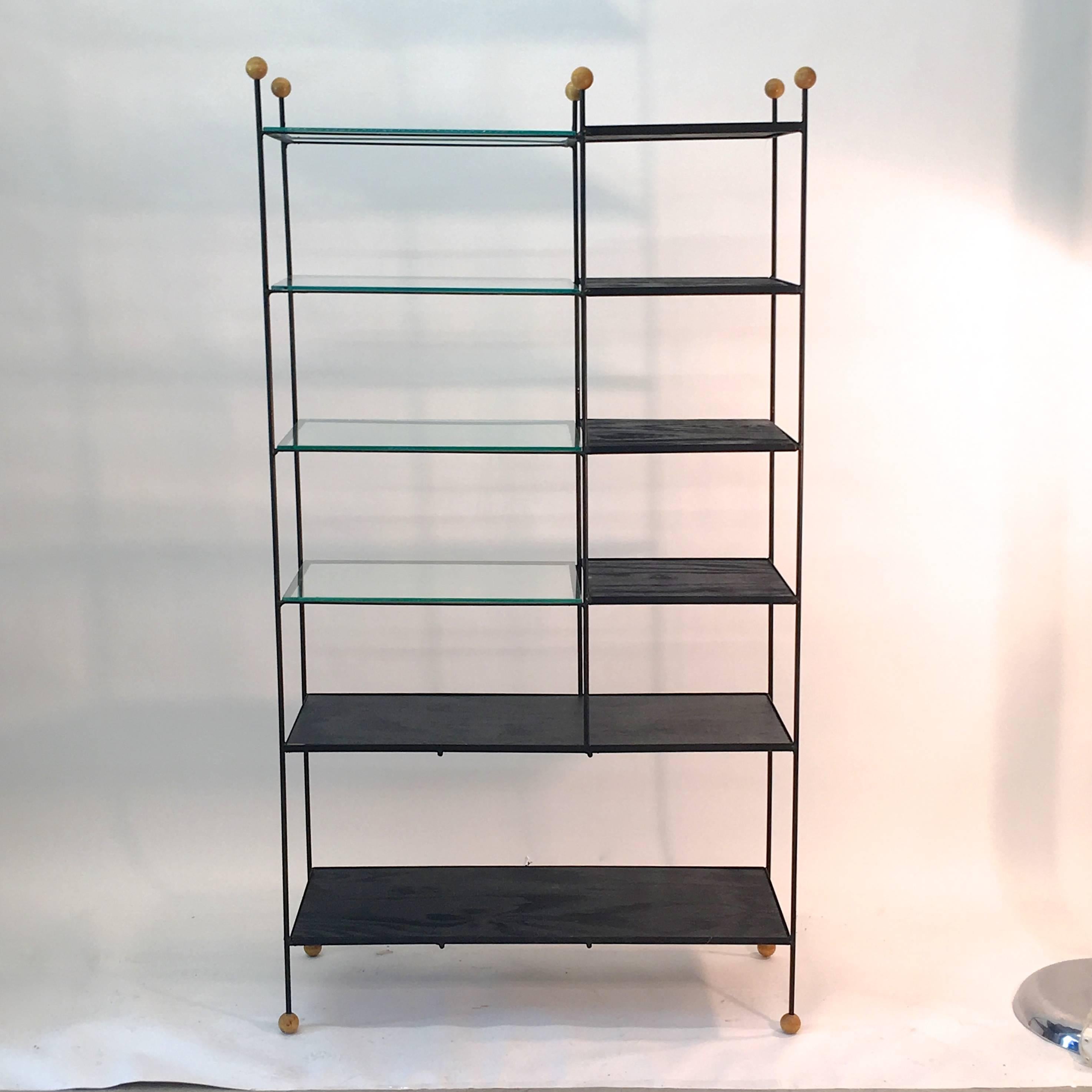 Midcentury Wrought Iron Étagère with Wood Ball Feet and Finials For Sale 7