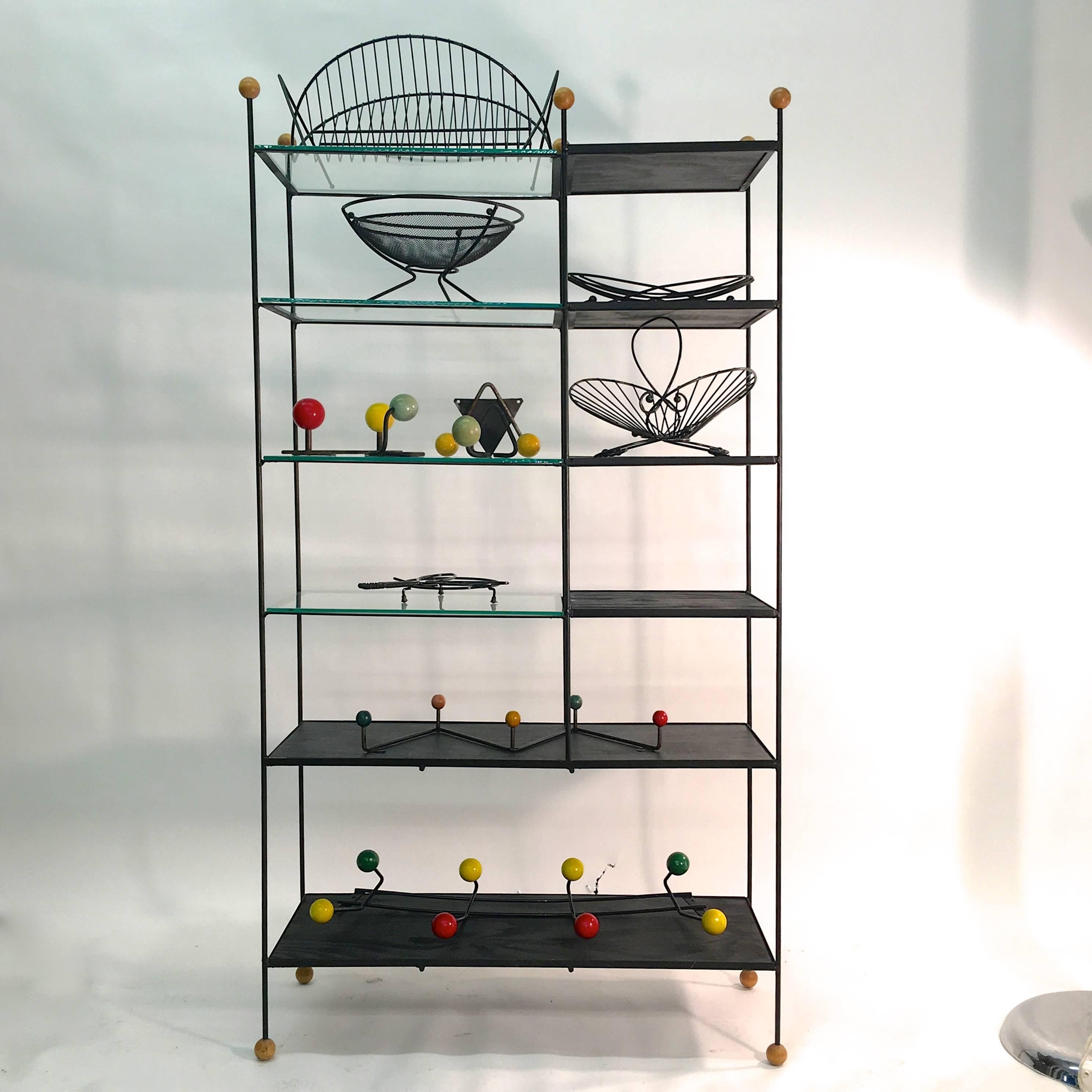 Mid-Century Modern Midcentury Wrought Iron Étagère with Wood Ball Feet and Finials For Sale