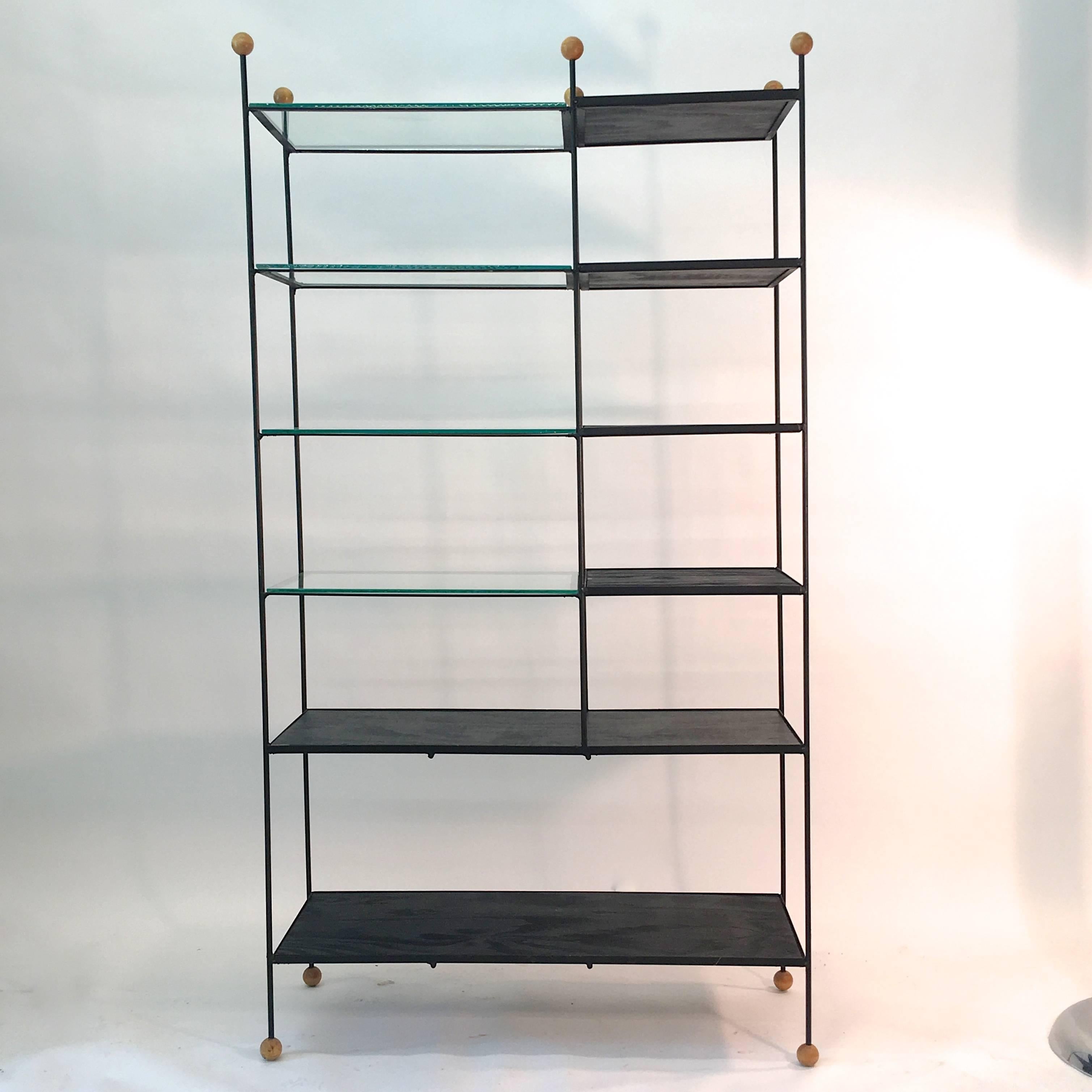 American Midcentury Wrought Iron Étagère with Wood Ball Feet and Finials For Sale