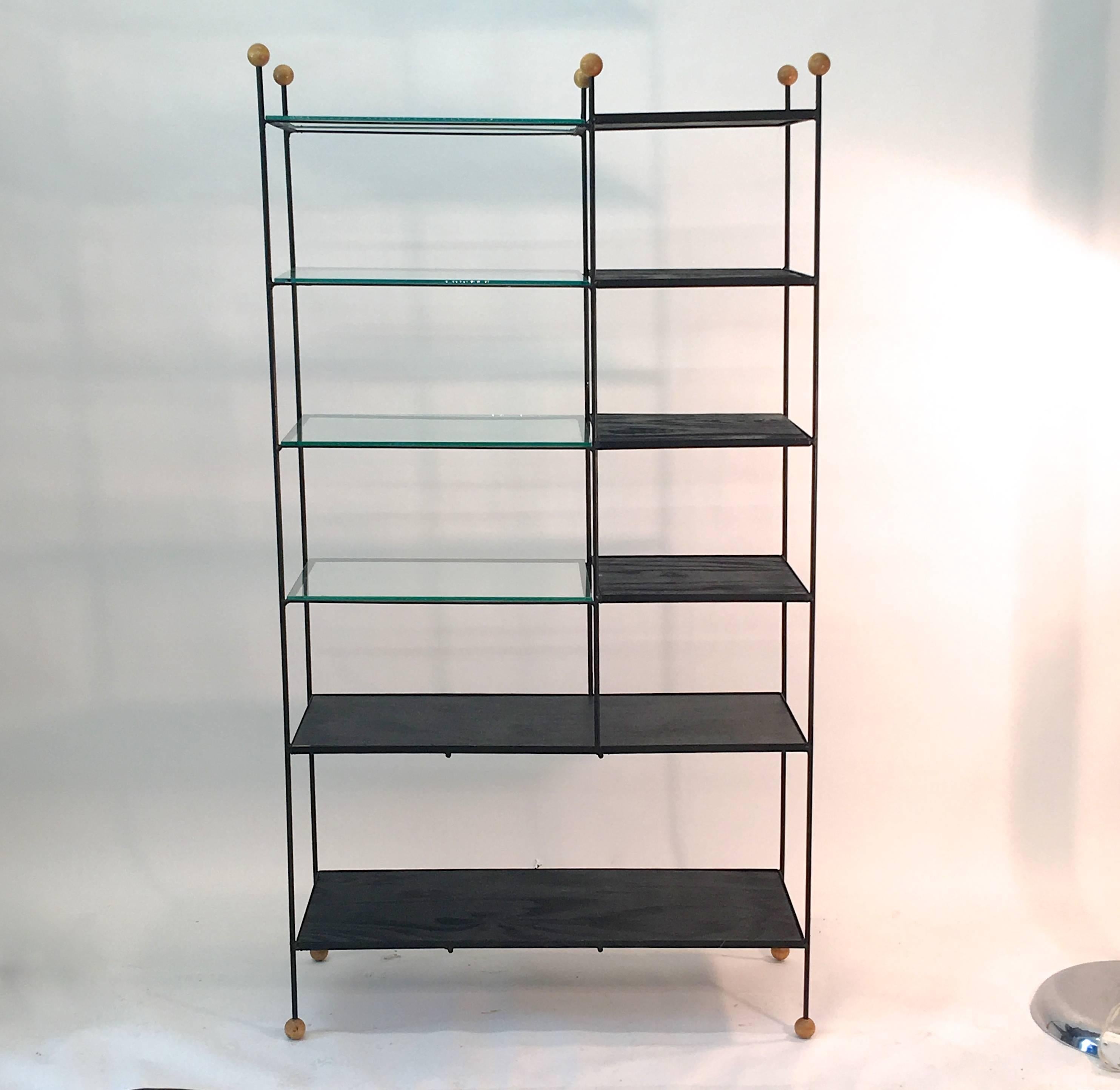 Mid-20th Century Midcentury Wrought Iron Étagère with Wood Ball Feet and Finials For Sale