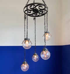 Midcentury Brutalist Wrought Iron Five Mouth Blown Glass Art Globe Shape Pendant