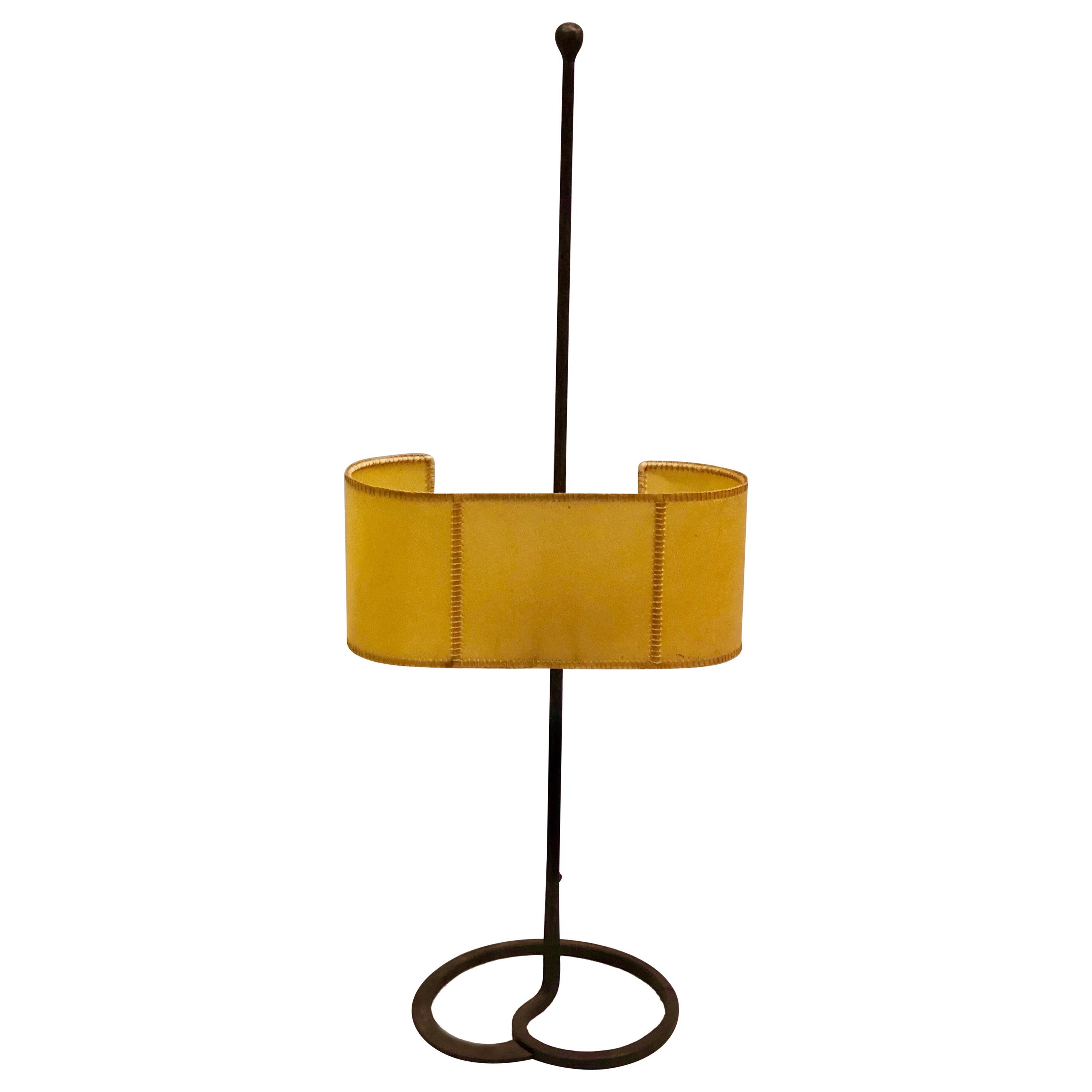French MidCentury Wrought Iron & Parchment Table Lamps Attr to Gilbert Poillerat For Sale