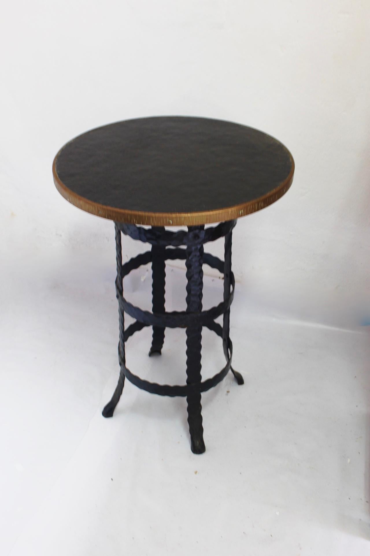 Mid-Century Modern Midcentury Wrought Iron and Wood Round Coffee or Side High Table, 1950s For Sale