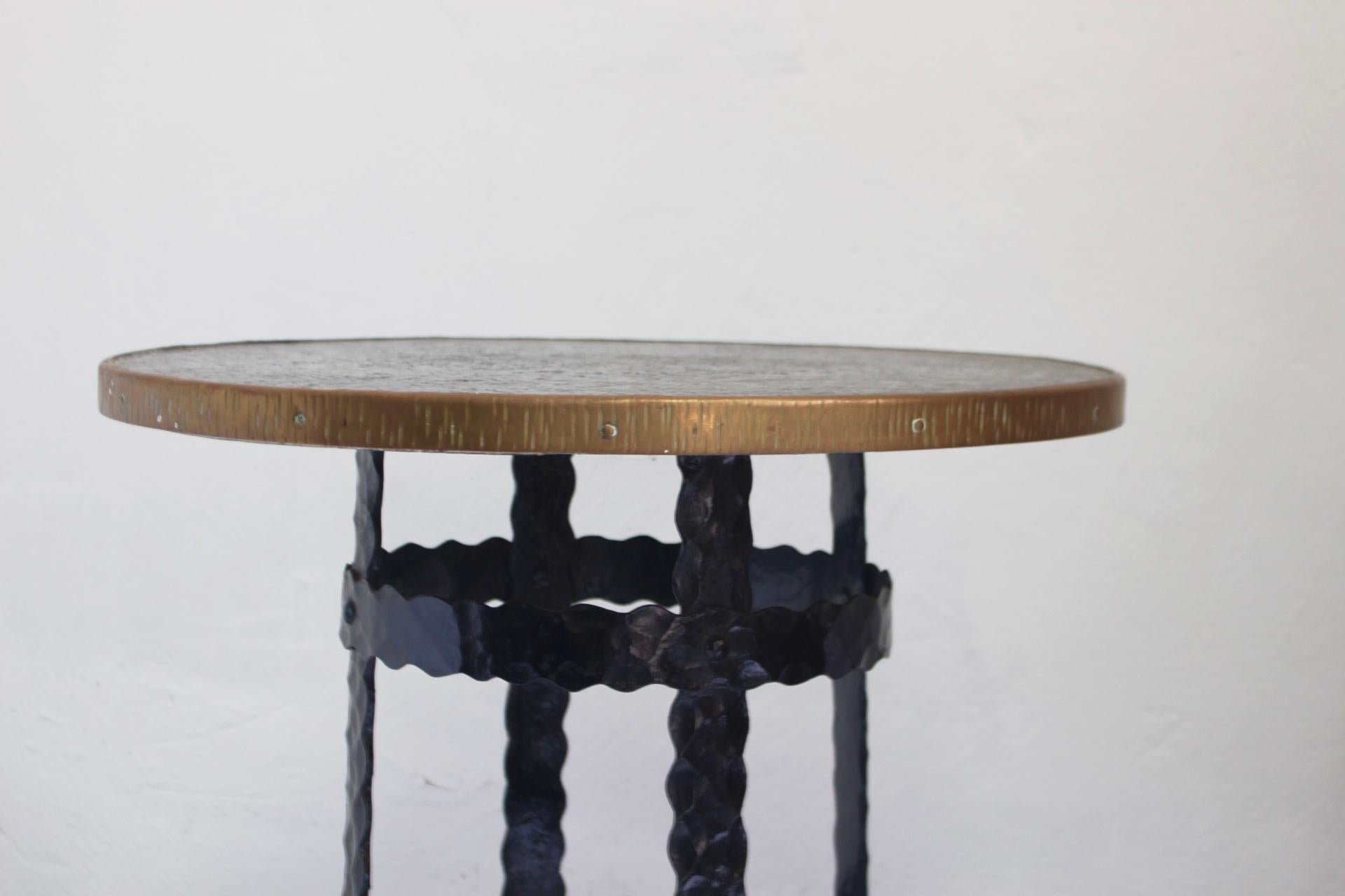 Spanish Midcentury Wrought Iron and Wood Round Coffee or Side High Table, 1950s For Sale