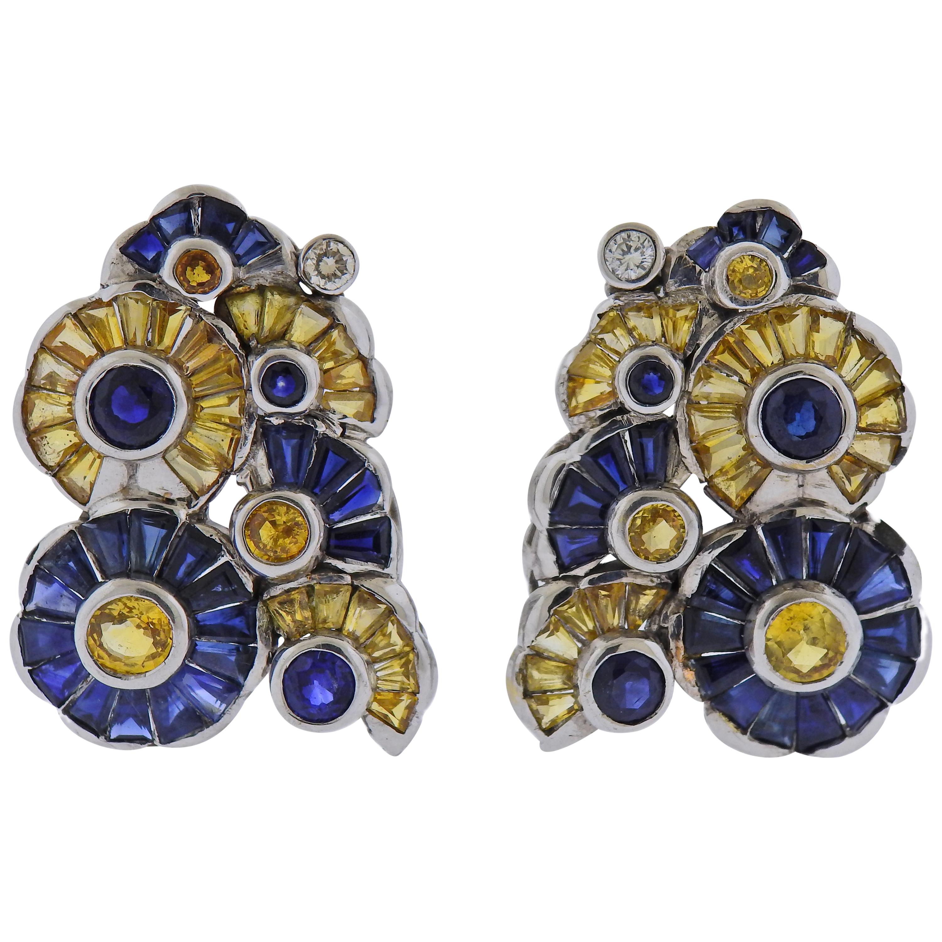 Midcentury Yellow Blue Sapphire Diamond Gold Earrings