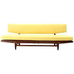 Midcentury Yellow Fabric and Wood Italian Sofa Bed, 1960s