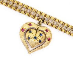 Midcentury Yellow Gold Bracelet with Gemset Articulated Double-Sided Heart Charm