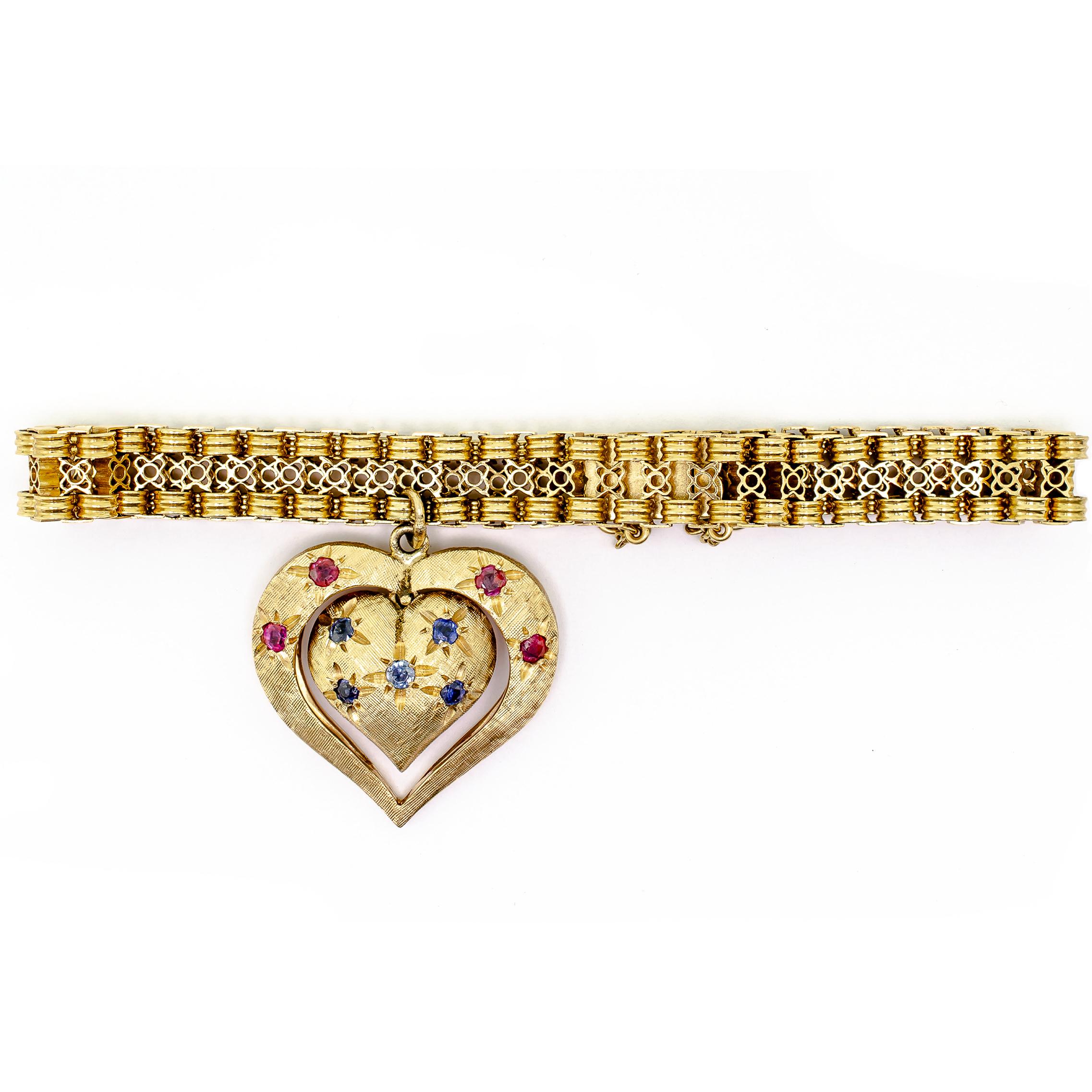 Midcentury Yellow Gold Bracelet with Gemset Articulated Double-Sided Heart Charm For Sale 1