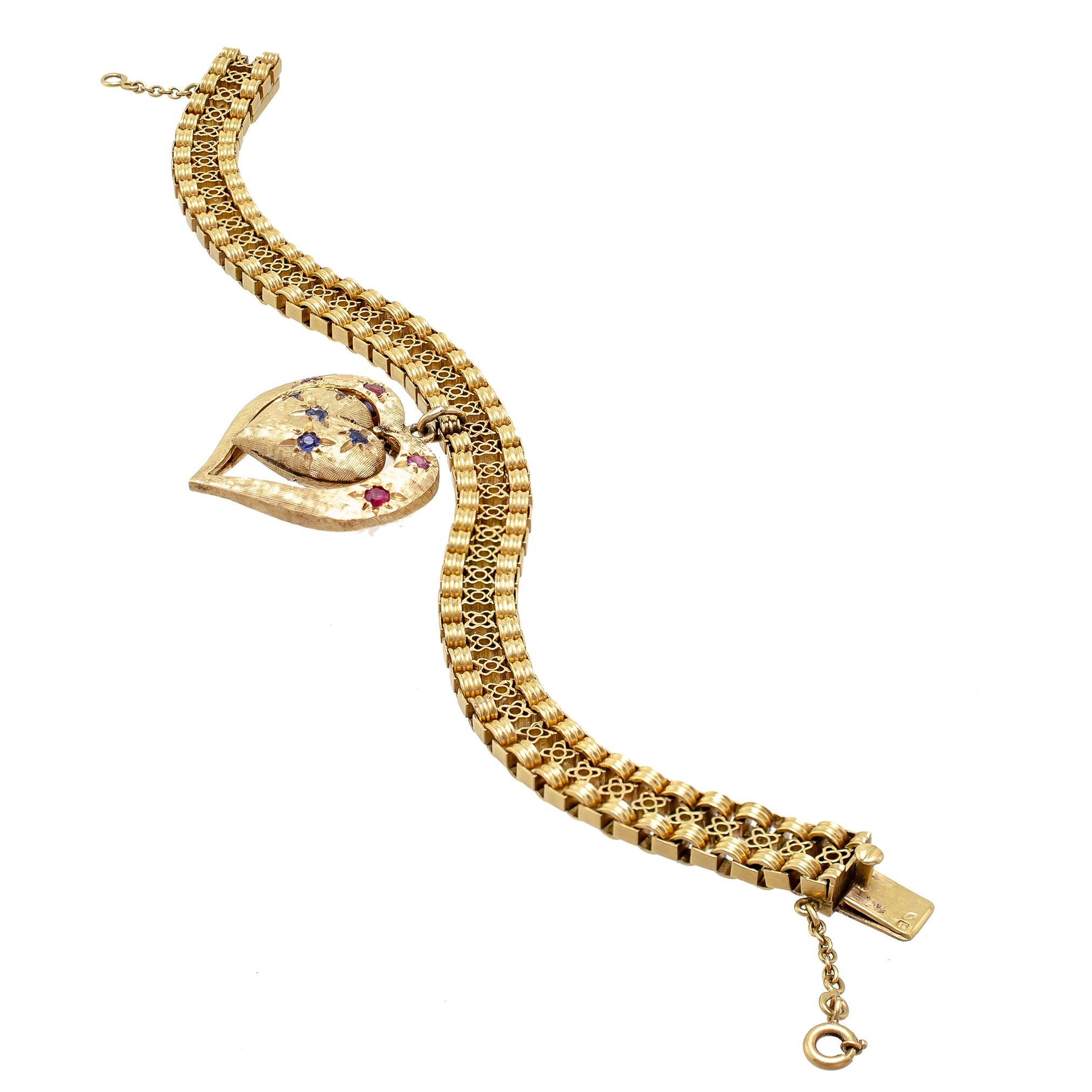 Midcentury Yellow Gold Bracelet with Gemset Articulated Double-Sided Heart Charm For Sale 2