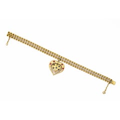 Retro Midcentury Yellow Gold Bracelet with Gemset Articulated Double-Sided Heart Charm