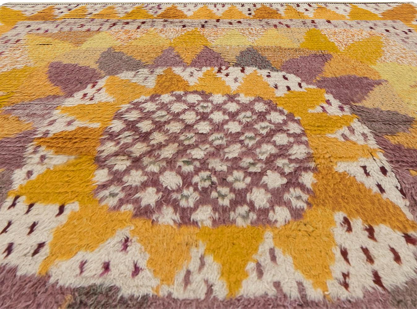 Mid-Century Modern Midcentury Yellow Orange & Cream “Solrosen” Rya Rug Designed by Marianne Richter