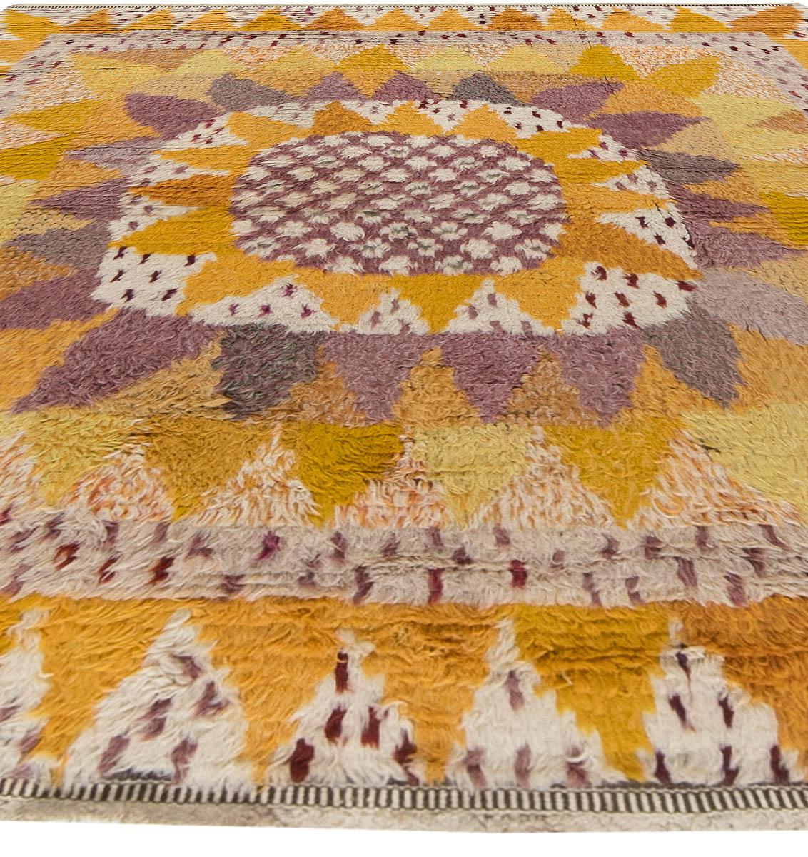 Swedish Midcentury Yellow Orange & Cream “Solrosen” Rya Rug Designed by Marianne Richter