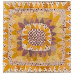 Midcentury Yellow Orange & Cream “Solrosen” Rya Rug Designed by Marianne Richter