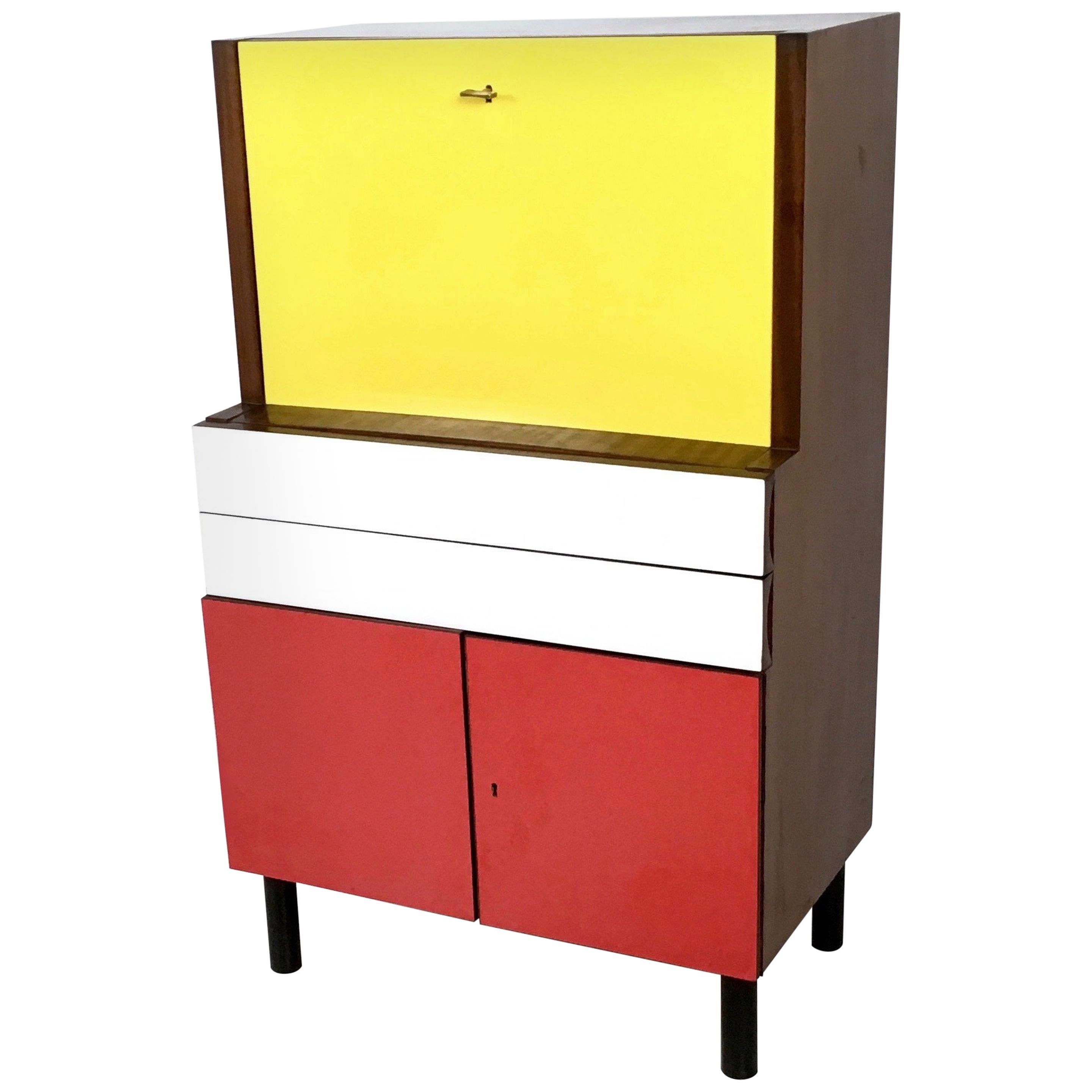 Midcentury Yellow, Red and White Formica Secretaire, Italy, 1950s
