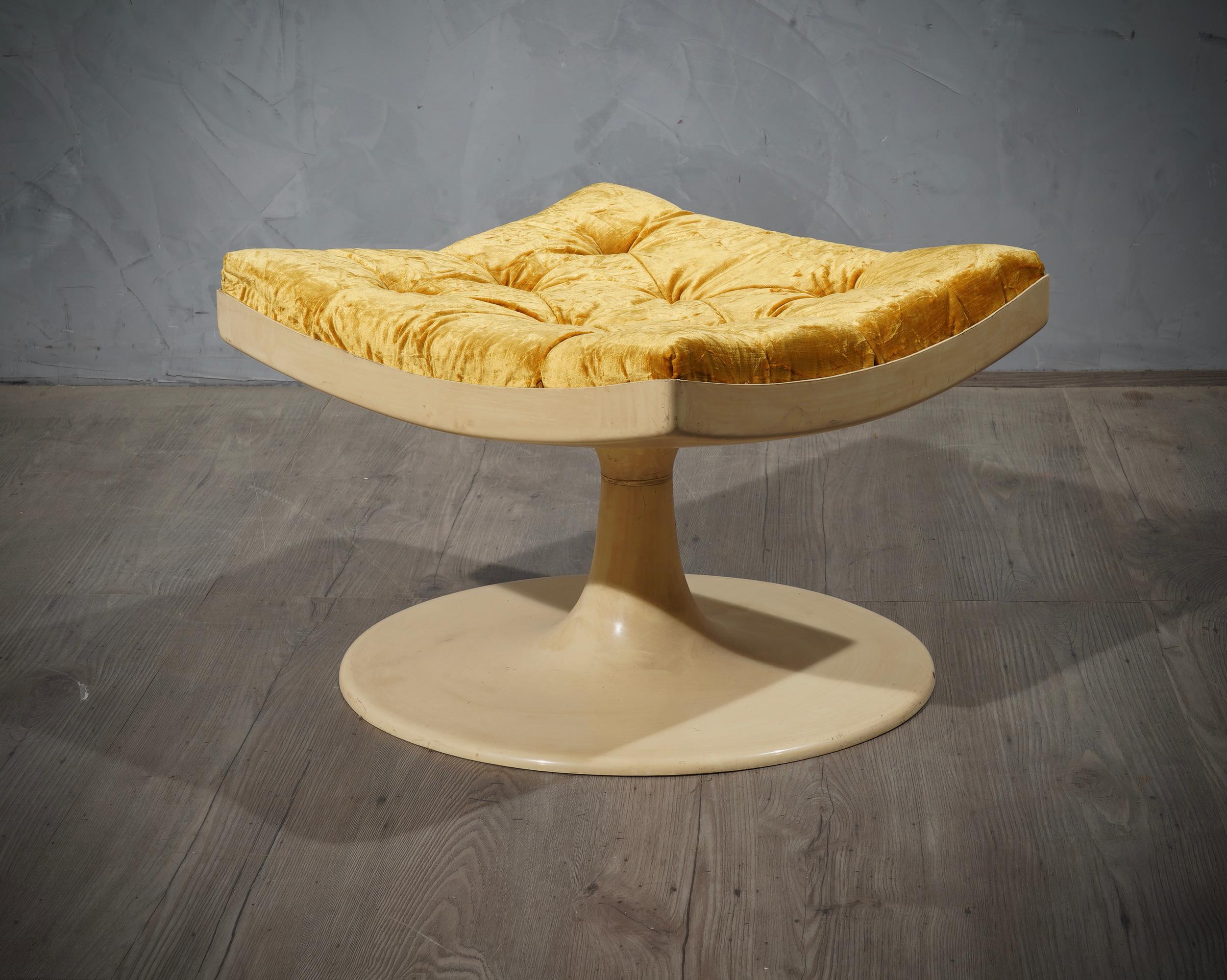 Midcentury Resin Yellow Velvet Armchairs and Pouf, 1970 For Sale 2
