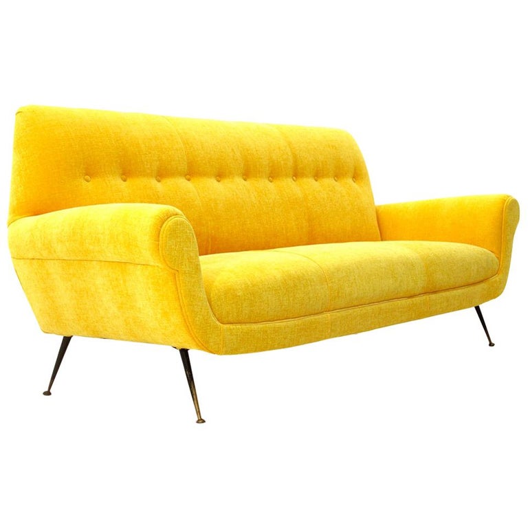 Midcentury Yellow Velvet Italian 3Seater Sofa, 1950s at 1stDibs