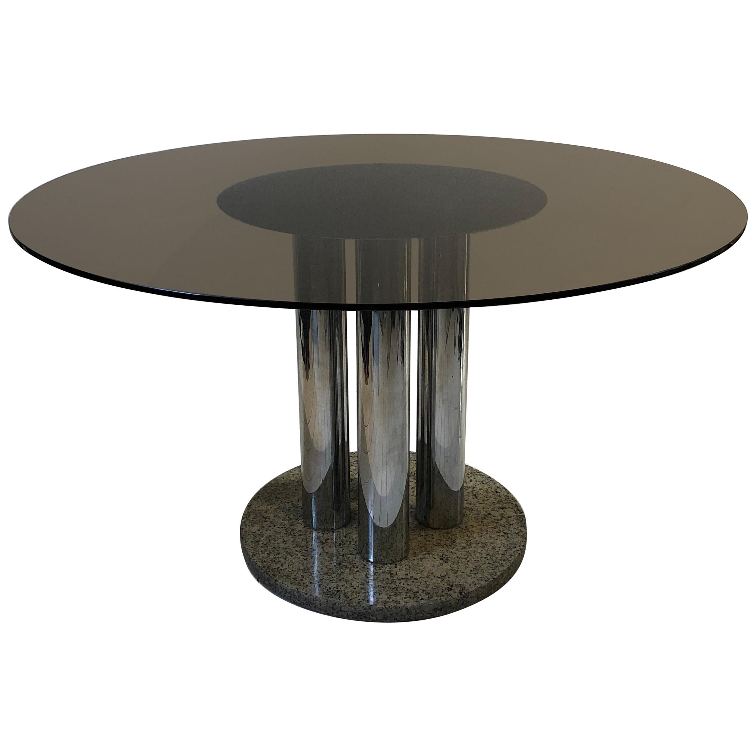 Midcentury Zanuso Zanotta Attributed Round Dining Table Chrome Columns, 1970s For Sale