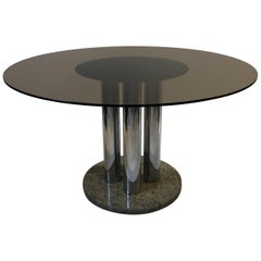 Midcentury Zanuso Zanotta Attributed Round Dining Table Chrome Columns, 1970s