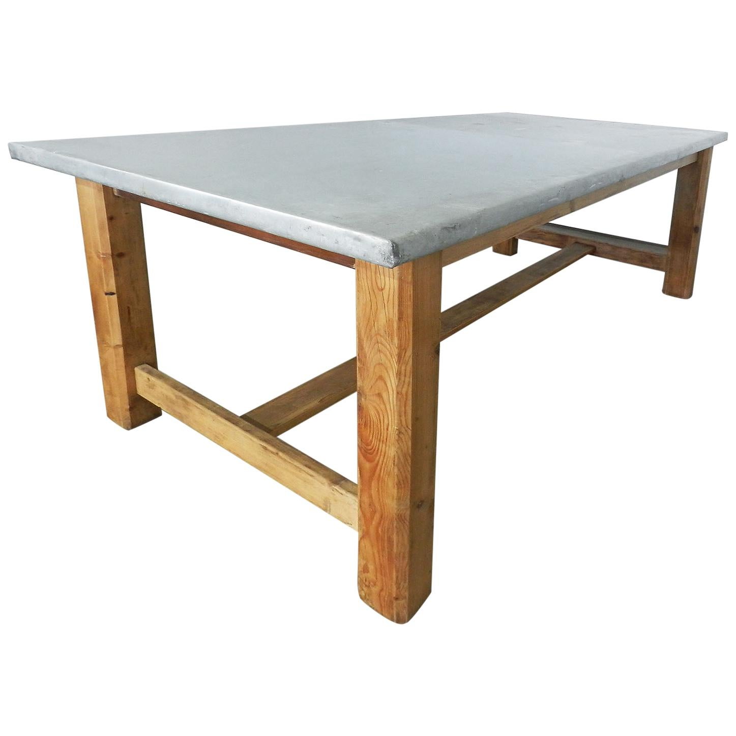 Midcentury Zinc Top Kitchen Dining Table French Pine Worktable, circa 1950
