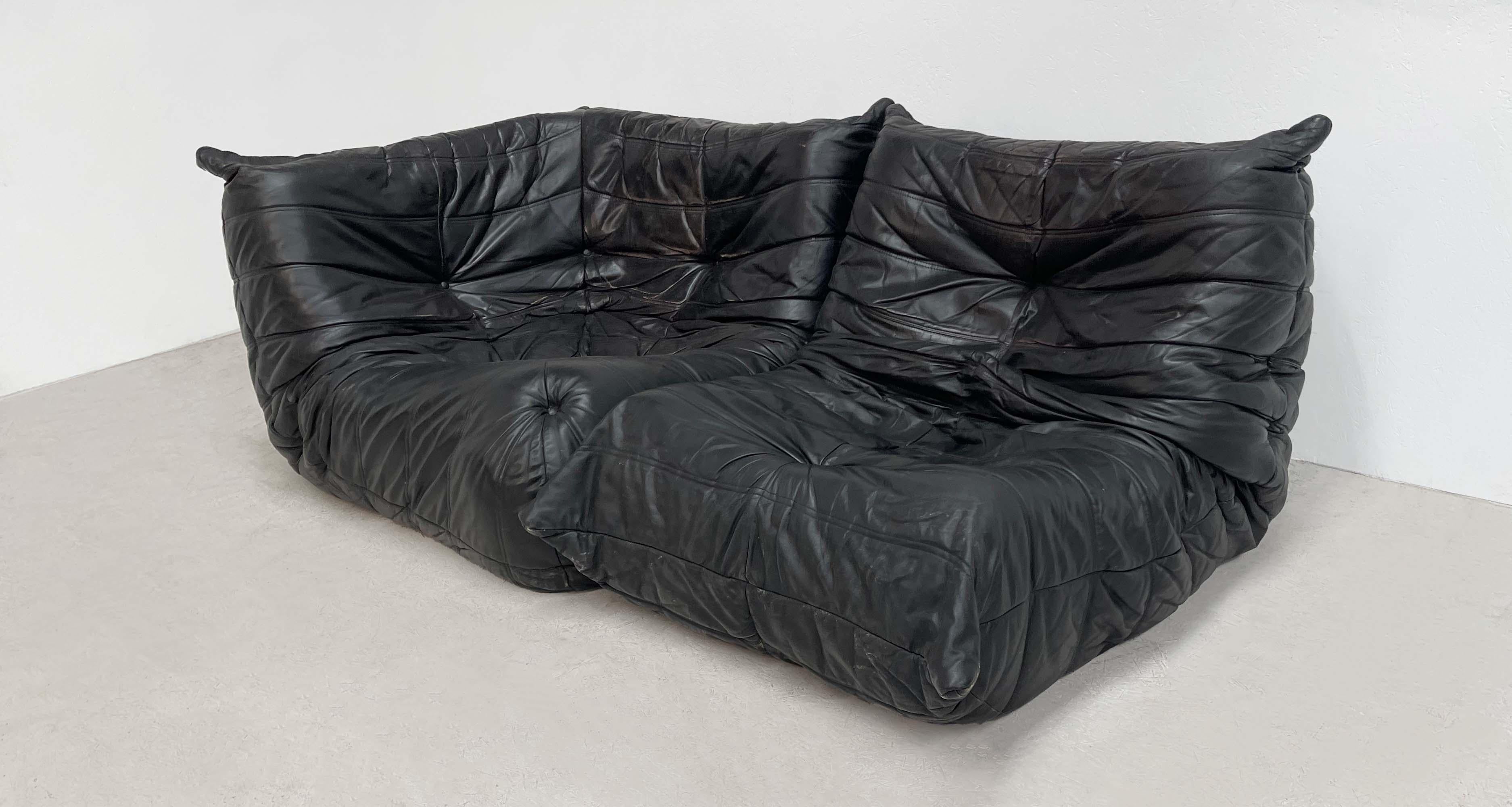 Mid-Century Modern Ligne Roset by Michel Ducaroy Black Leather Lounge Chair 1