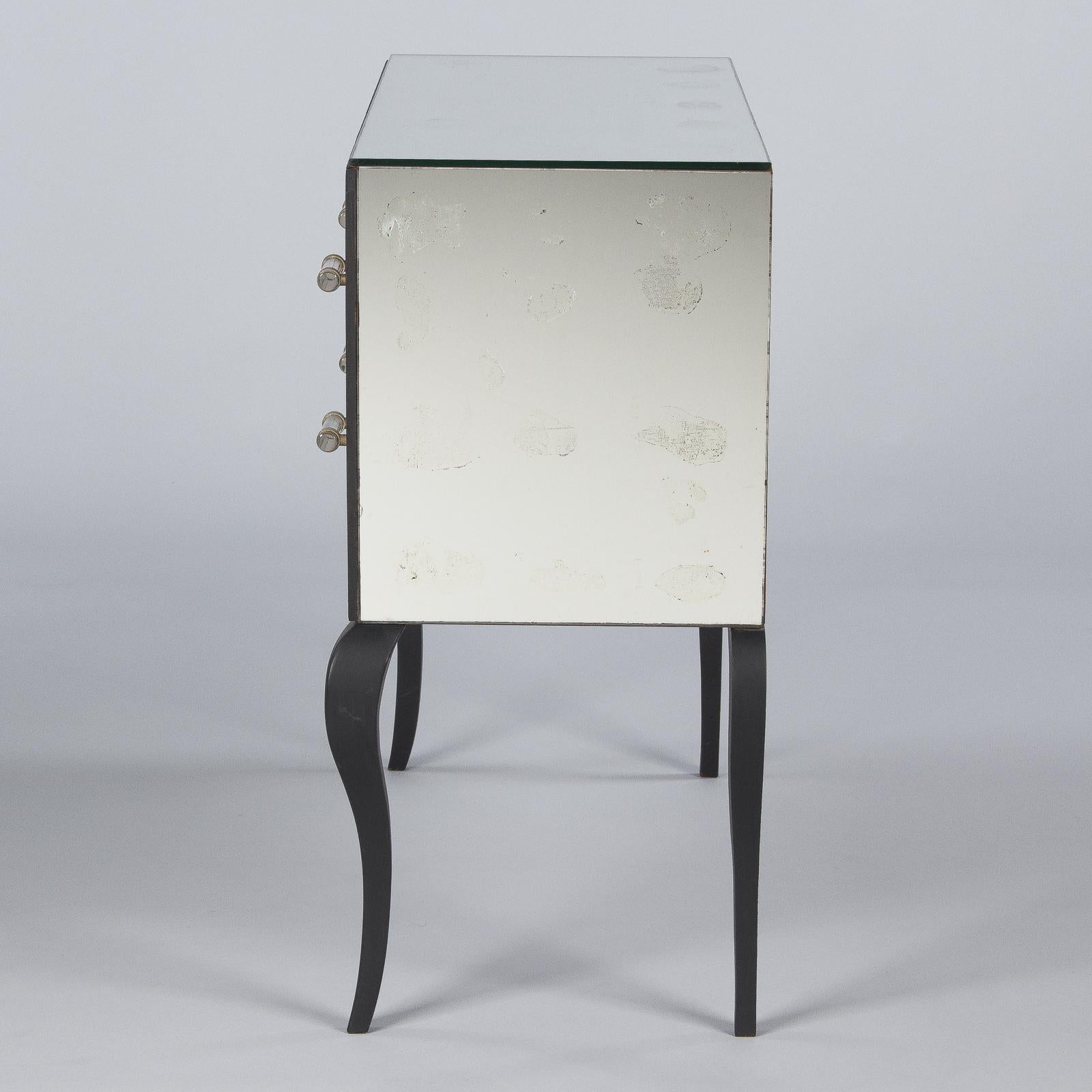 Lucite French Midcentury Venetian Mirrored Glass Chest with Black Wooden Frame, 1950s