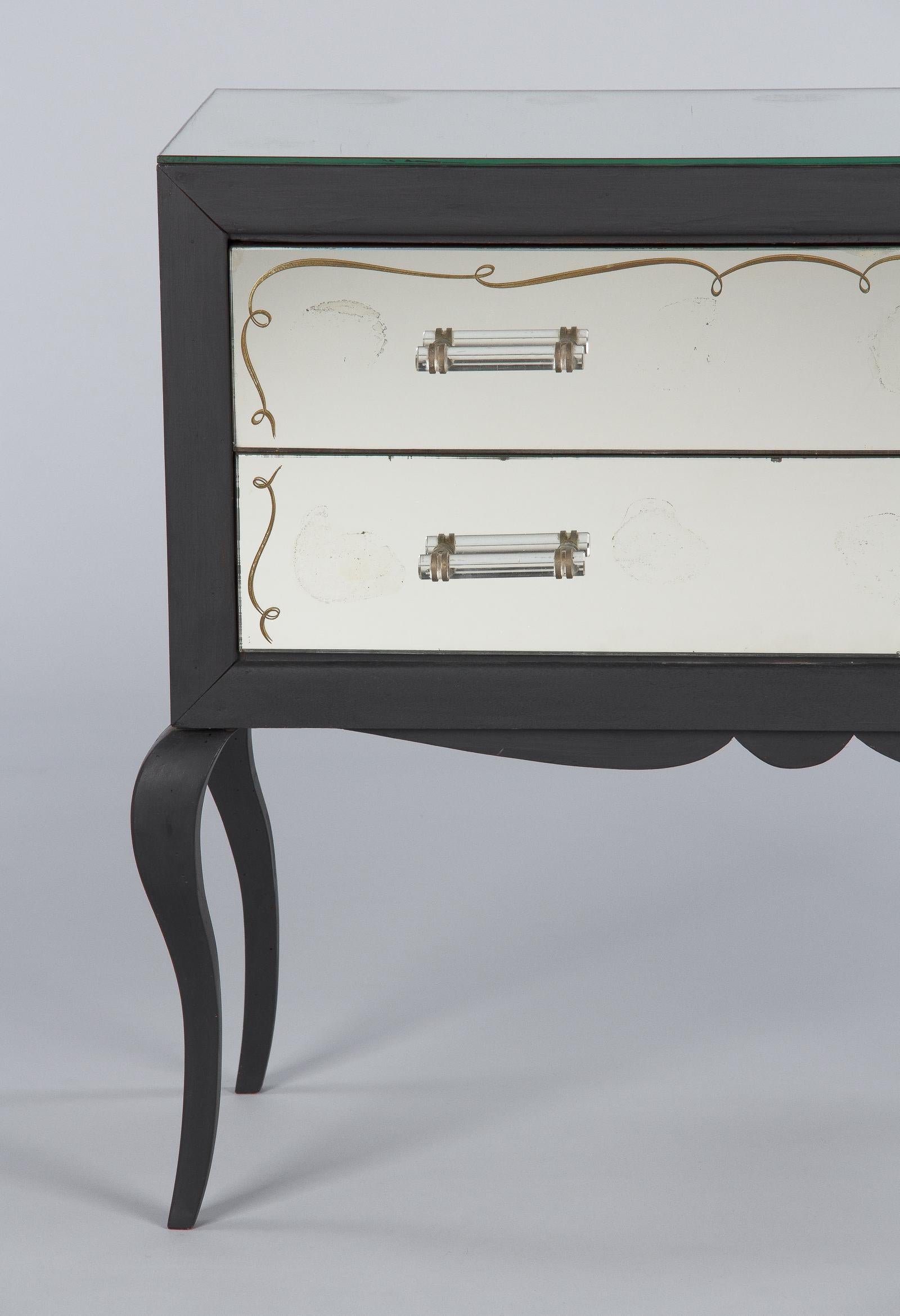 French Midcentury Venetian Mirrored Glass Chest with Black Wooden Frame, 1950s 1