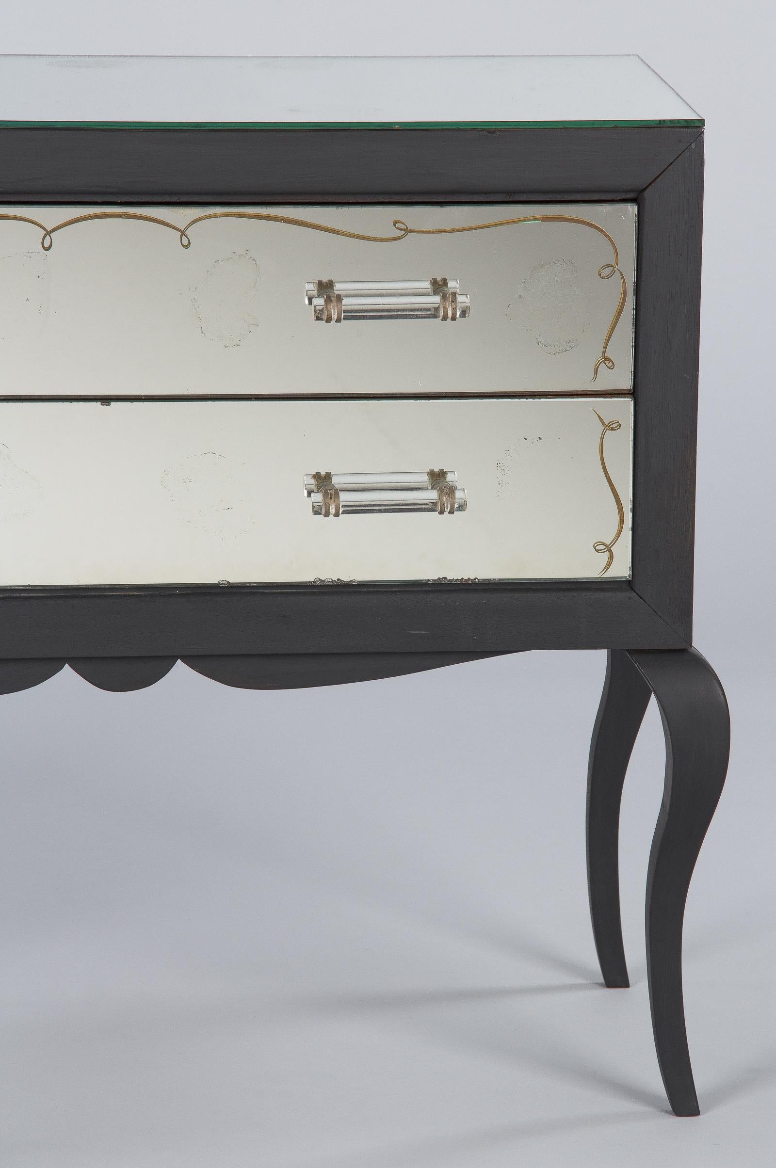 French Midcentury Venetian Mirrored Glass Chest with Black Wooden Frame, 1950s 3