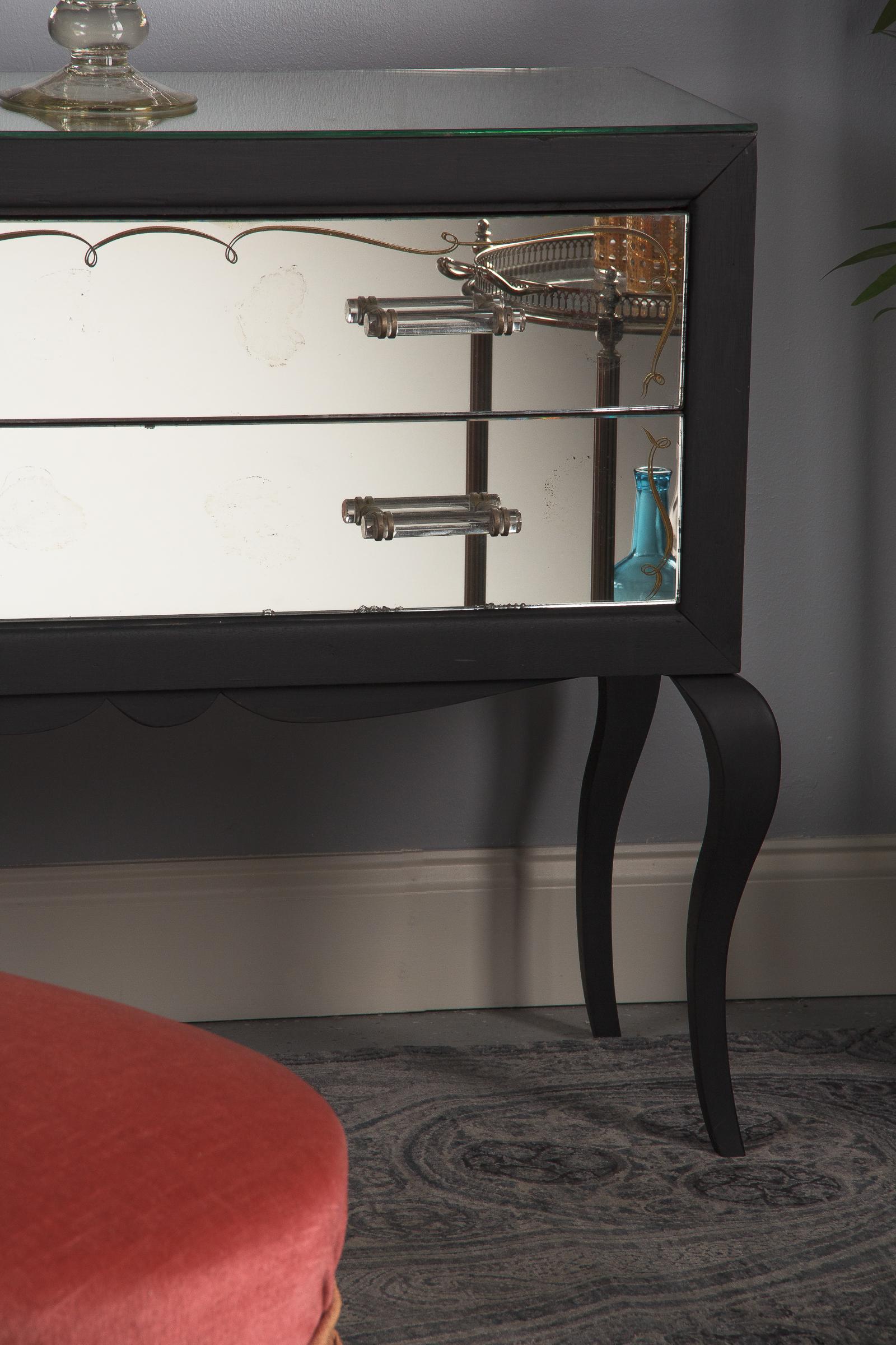 French Midcentury Venetian Mirrored Glass Chest with Black Wooden Frame, 1950s 6