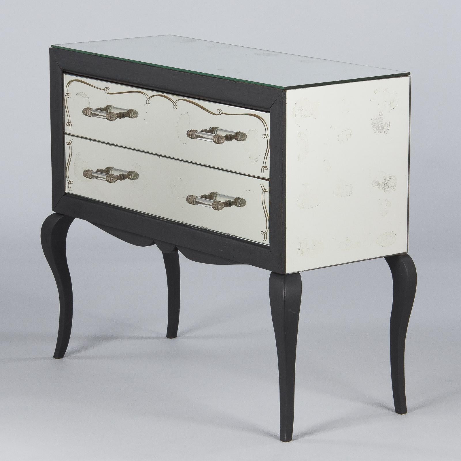 Mid-20th Century French Midcentury Venetian Mirrored Glass Chest with Black Wooden Frame, 1950s