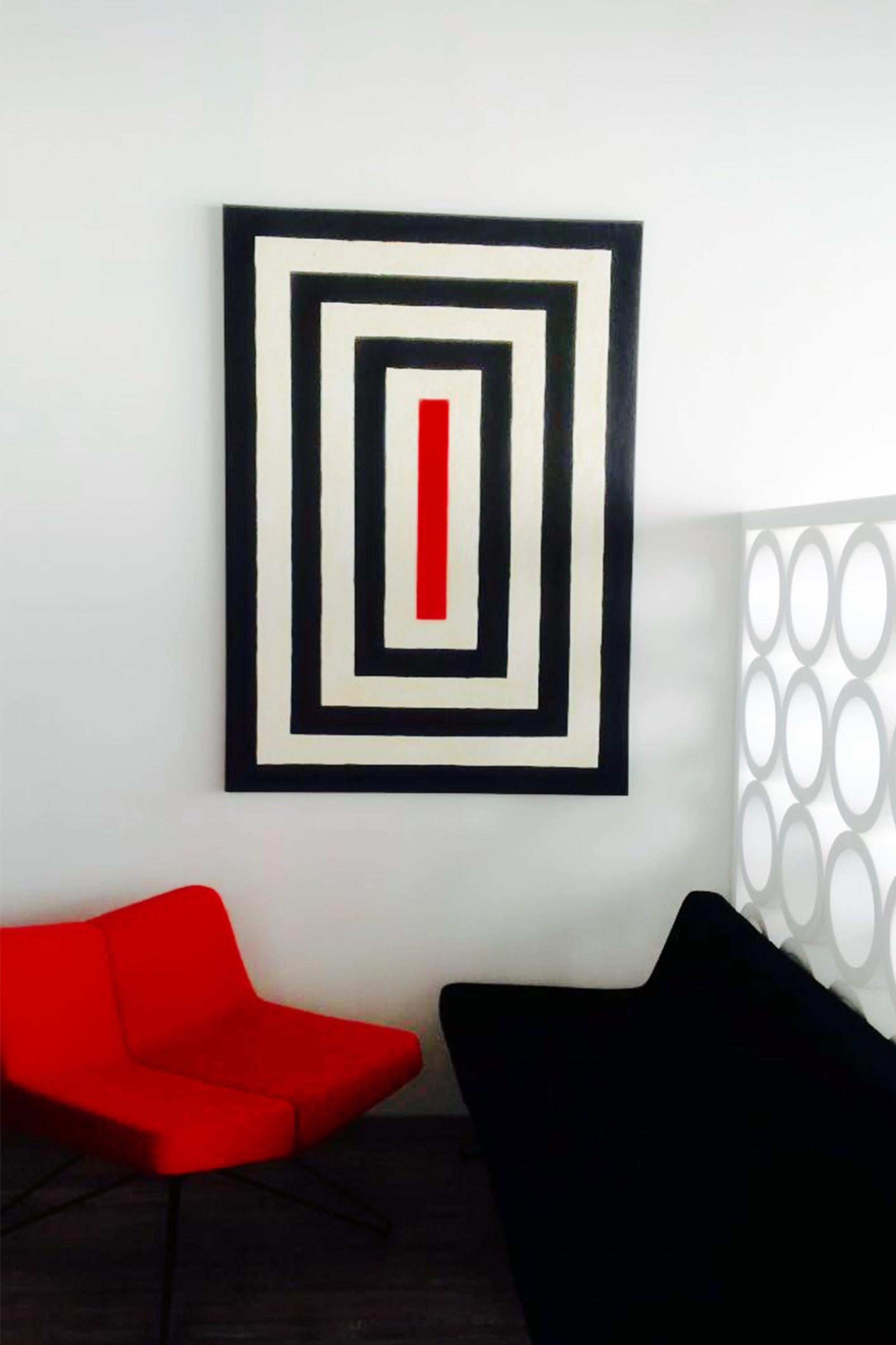 About the painting “Middle” 
Strict and simple geometrical lines that focus on the RED centre.  

About the artist: 
Cecilia’s is working with all geometrical forms, lines and shadows.  
Her style developed to be clean and sharp forms in different