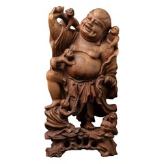 Middle 20th century Beautiful old wooden Chinese laughing Buddha from China