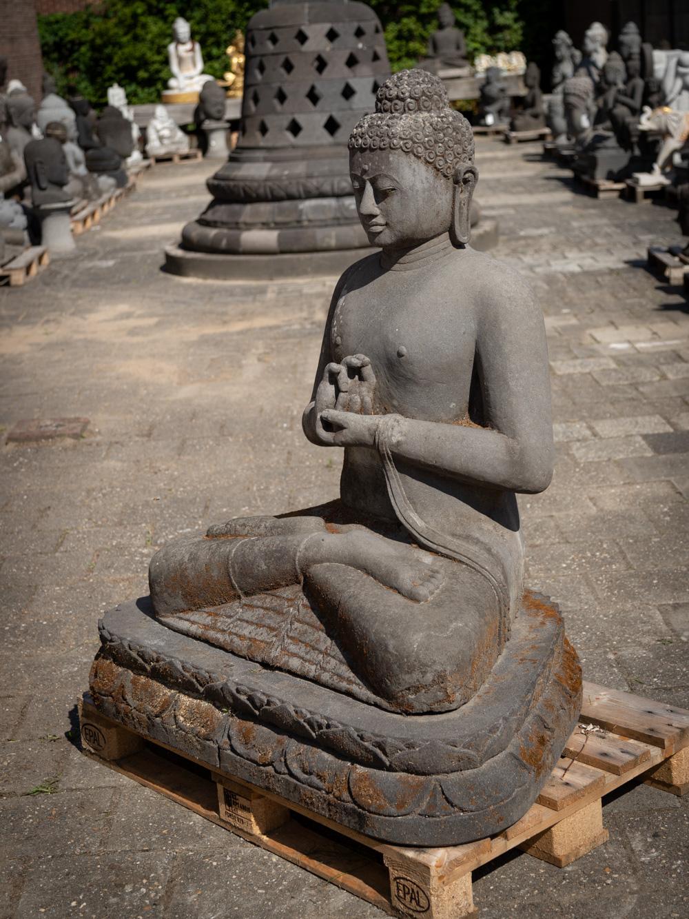 Lava Middle 20th century large old lavastone Buddha statue in Dharmachakra mudra For Sale