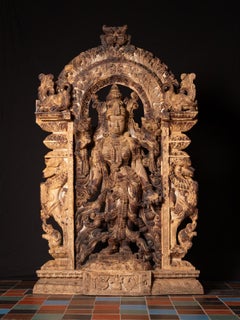 Middle 20th century Large old teakwooden panel of the goddess Lakshmi from India