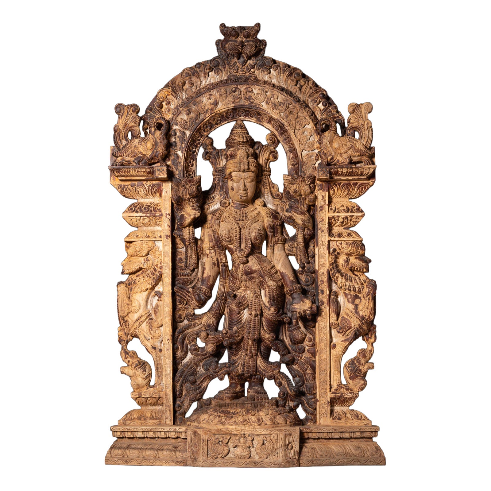 Middle 20th century Large old teakwooden panel of the goddess Lakshmi from India