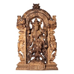 Middle 20th century Large old teakwooden panel of the goddess Lakshmi from India
