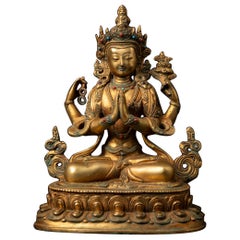 Middle 20th century Old bronze Chenrezig statue from Nepal in Namaskara Mudra