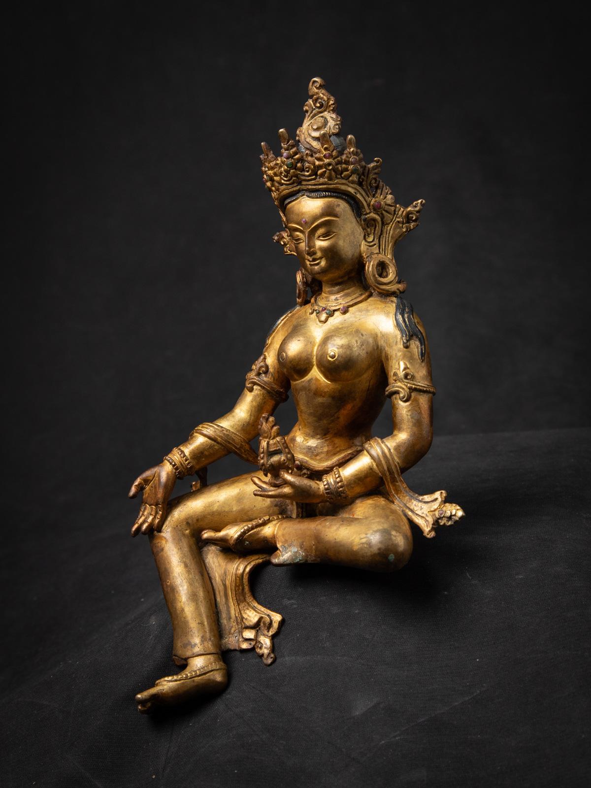 Cette ancienne statue népalaise Basundhara en bronze. Réalisée en bronze, elle mesure 25,8 cm de haut, 15,5 cm de large et 12 cm de profondeur, ce qui en fait une œuvre d'art d'une grande richesse de détails et d'une grande importance