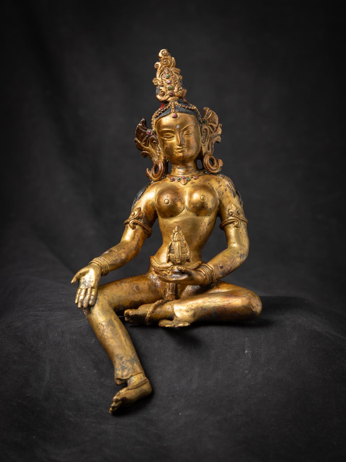 Nous vous présentons cette statue de bodhisattva népalais en bronze, un artefact remarquable du milieu du XXe siècle qui incarne les riches traditions spirituelles et artistiques du Népal. Fabriquée en bronze massif et dorée à l'or fin 24 carats,
