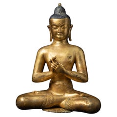 Middle 20th century Old bronze Nepali Buddha statue in Dharmachakra mudra