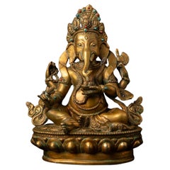 Middle 20th century old bronze Nepali Ganesha statue fire gold gilded