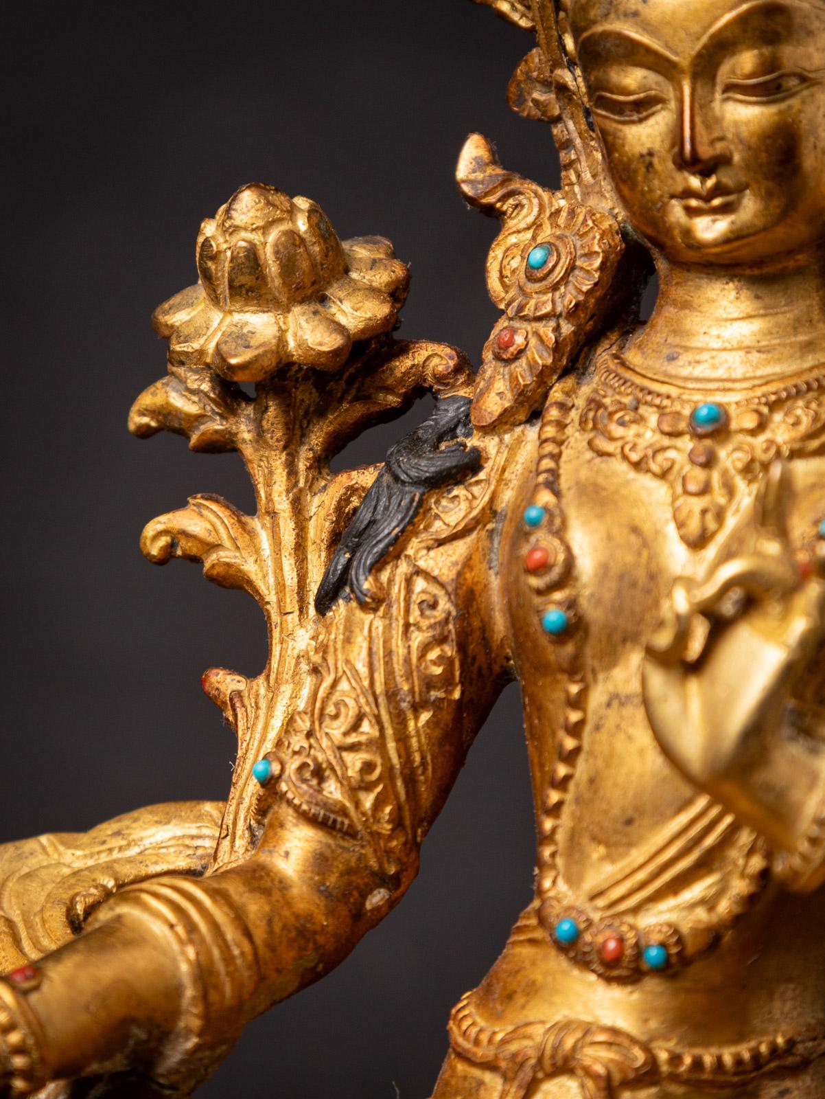 Middle 20th century old bronze Nepali Green Tara statue - 24 krt gold firegilded 7